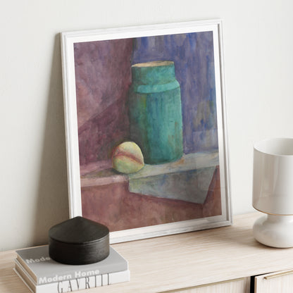 Watercolor still life study art print on a sideboard.