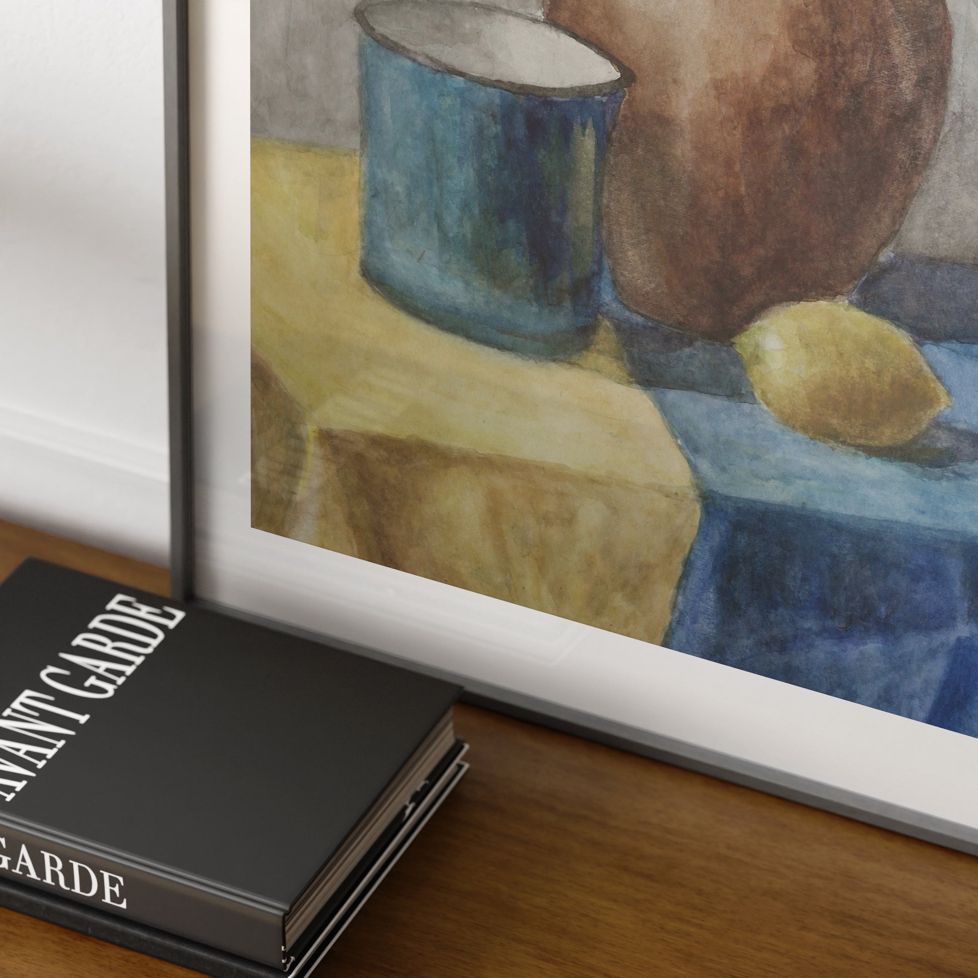 Detail of a watercolor still life study with lemon, naive art print.