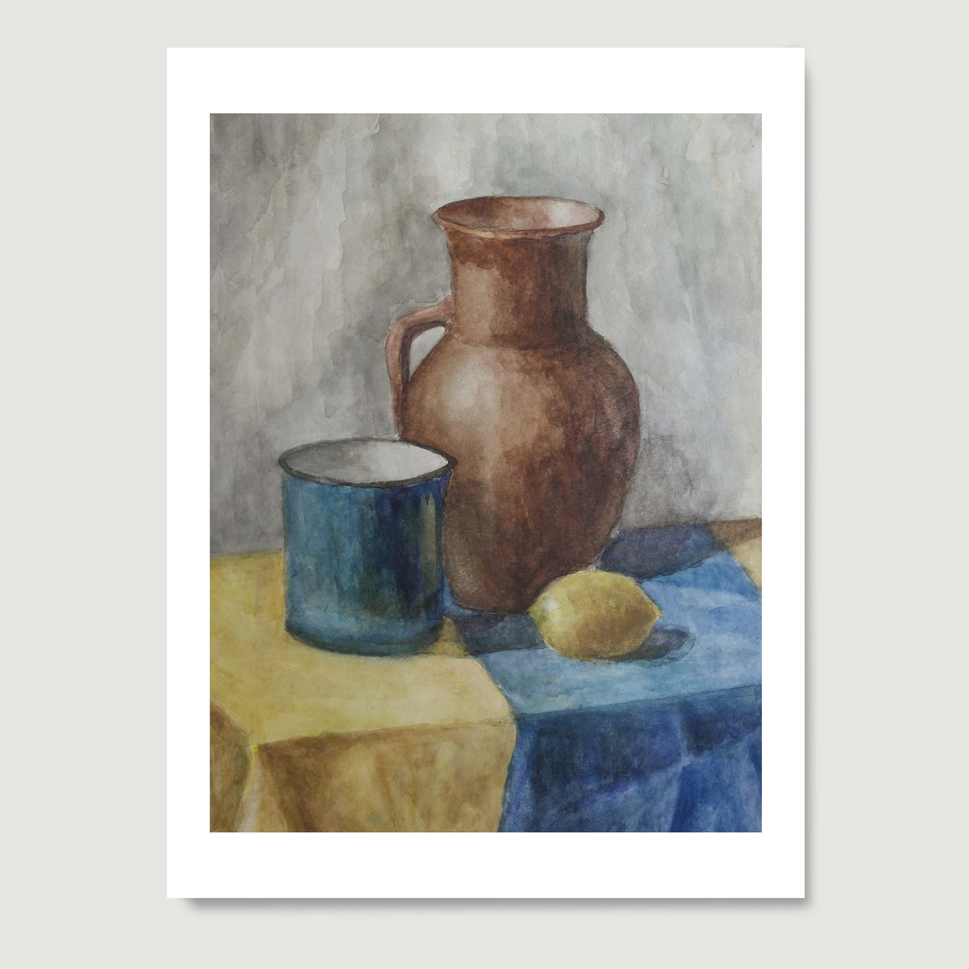 Watercolor still life study with lemon, naive art print on paper.