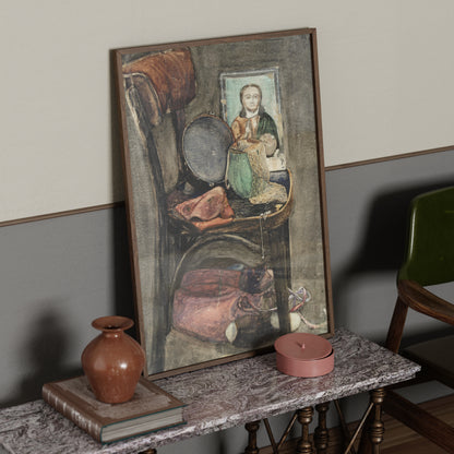 Figurative framed art print with old chair and various objects, on a marble surface with a vase and a pink jewelry wood box.