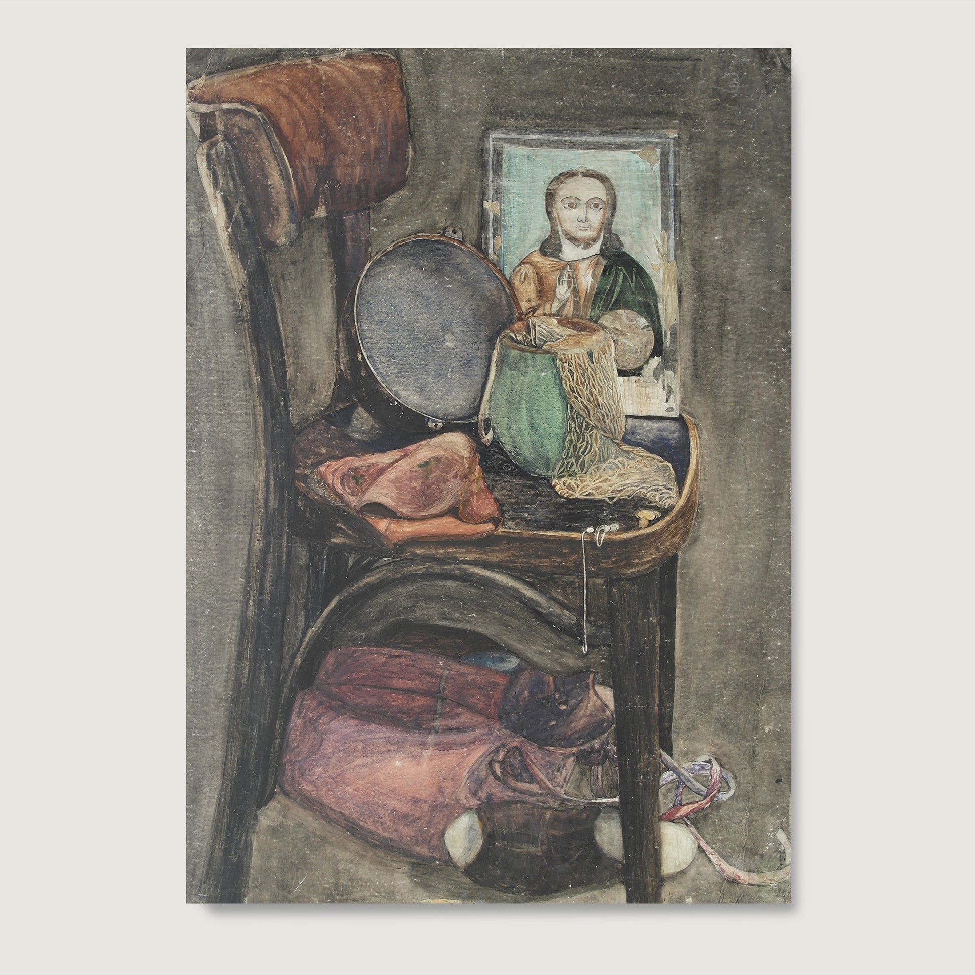 High quality limited edition figurative art print with vintage wooden chair, orthodox icon and various other objects.