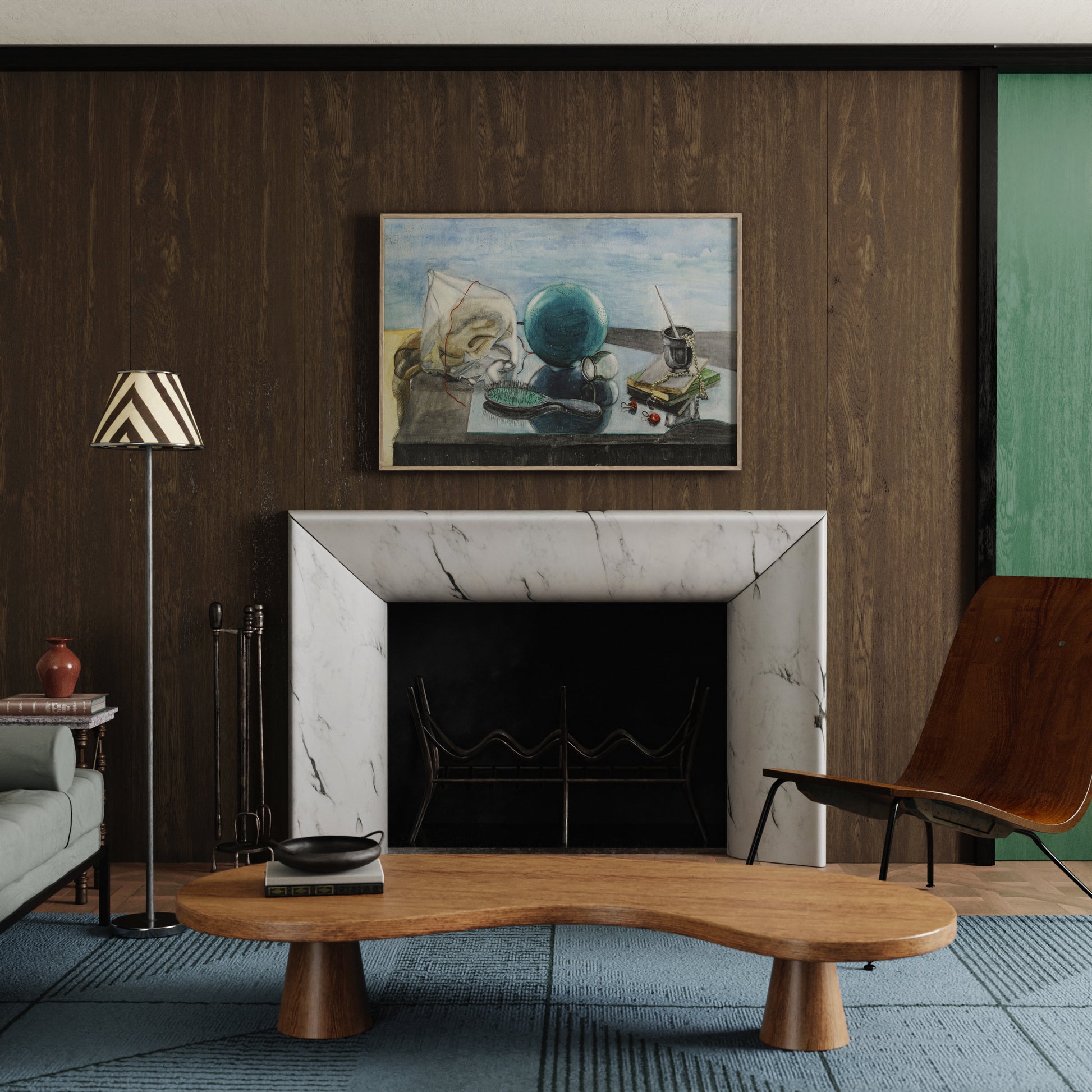 Framed figurative art print in an eclectic modern living room with marble fireplace, wooden coffee table, and blue carpet.