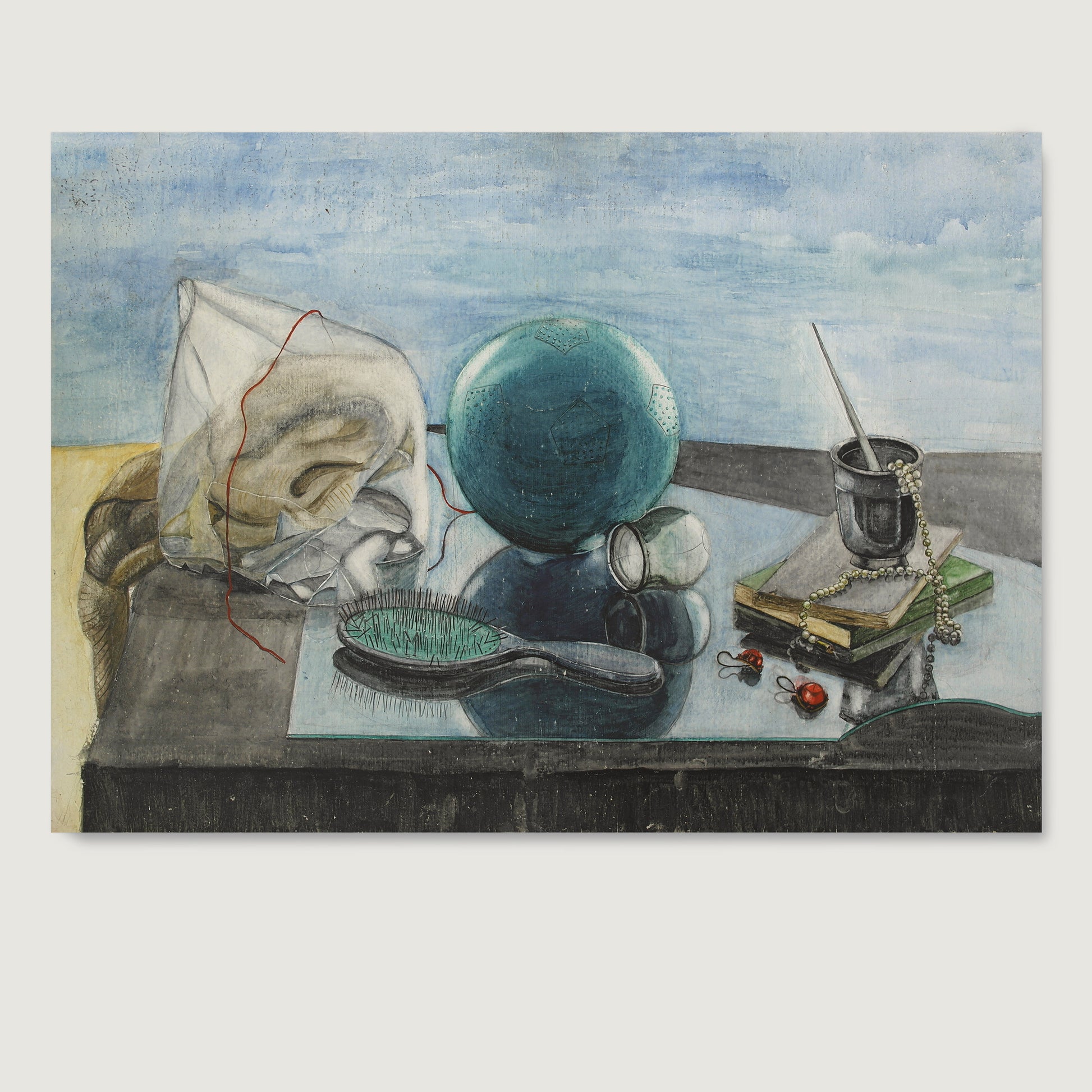 High quality limited edition figurative art print with blue-green ball, brush, books, white pearls and red diamond earrings on a glass, with a light blue sky on the background.