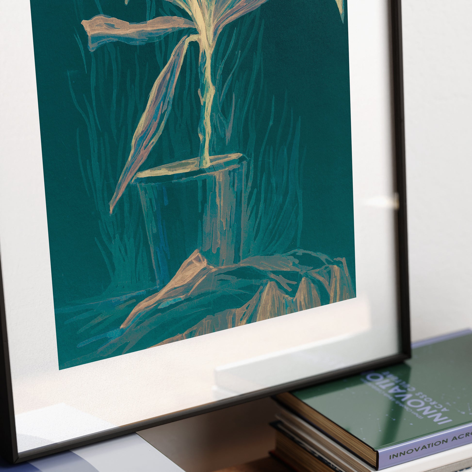 Detail of a green still life with plant art print.