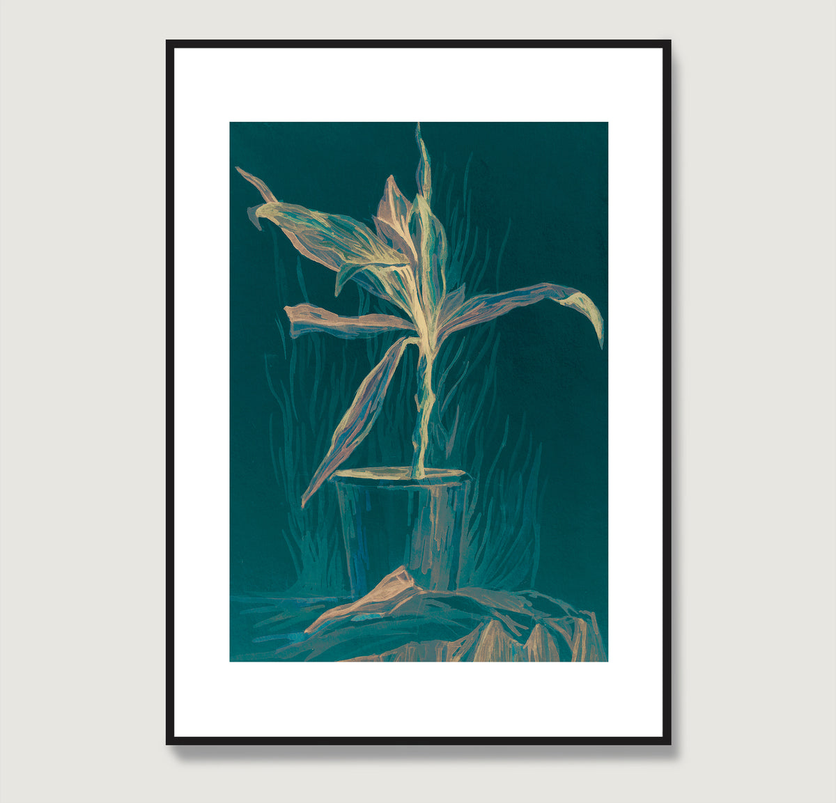 Green still life with plant art print.