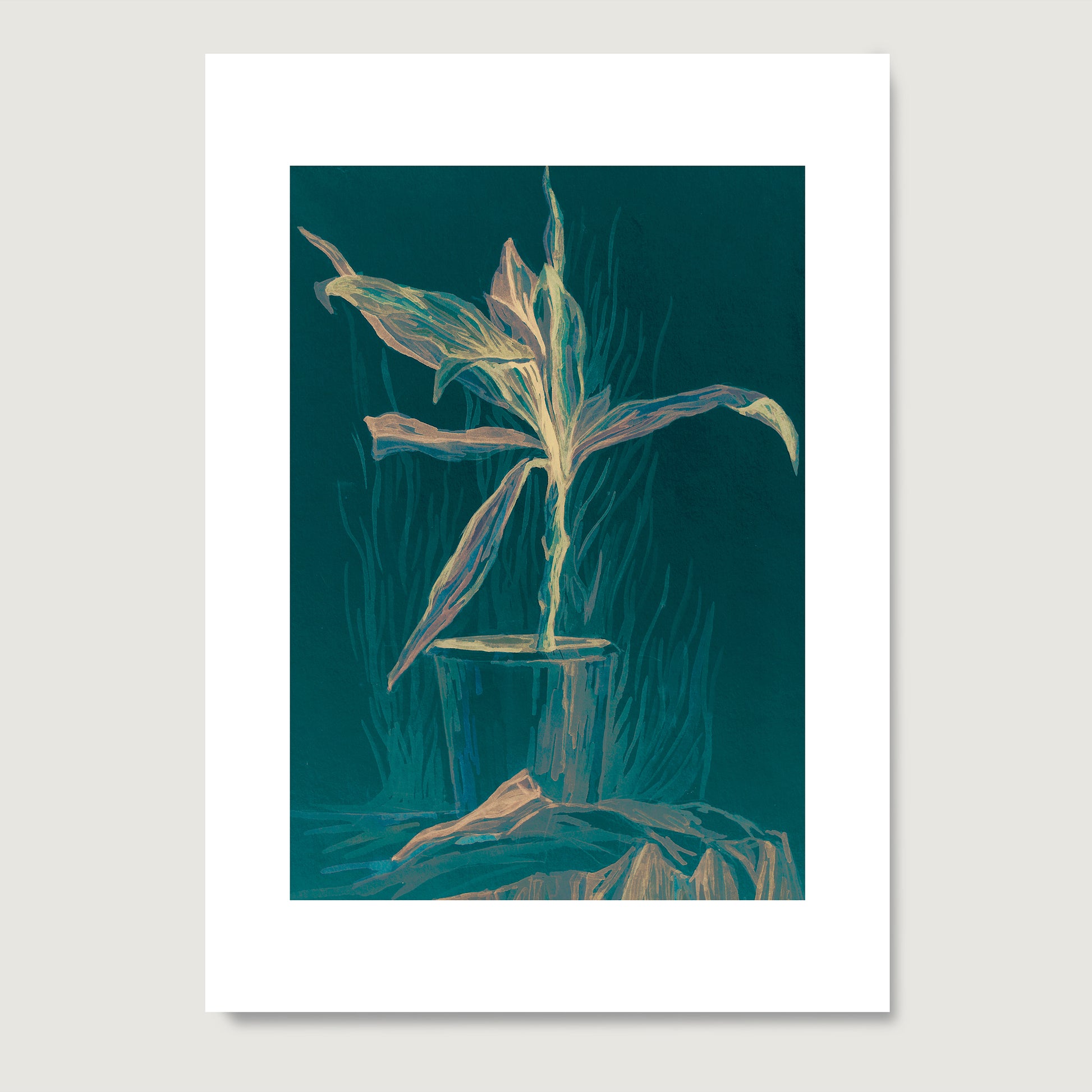 Green still life with plant art print on paper.