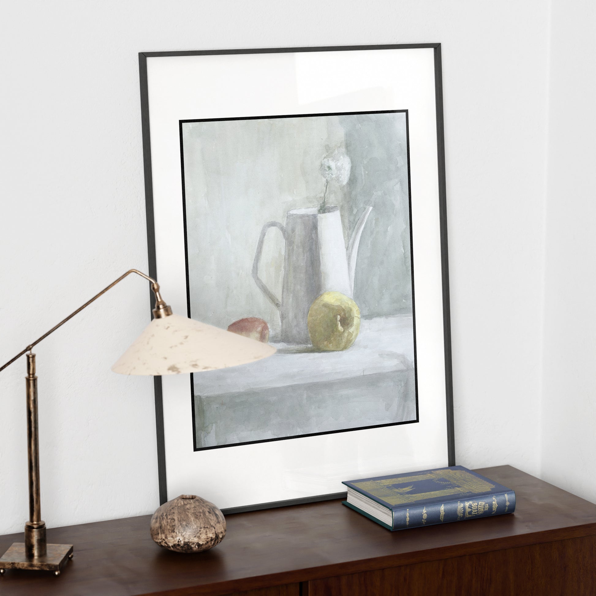 White still life watercolor study art print on a dark sideboard.