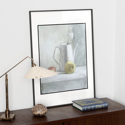 White still life watercolor study art print on a dark sideboard.