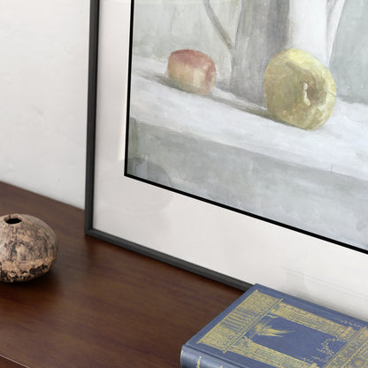 Detail of a white still life watercolor study art print.