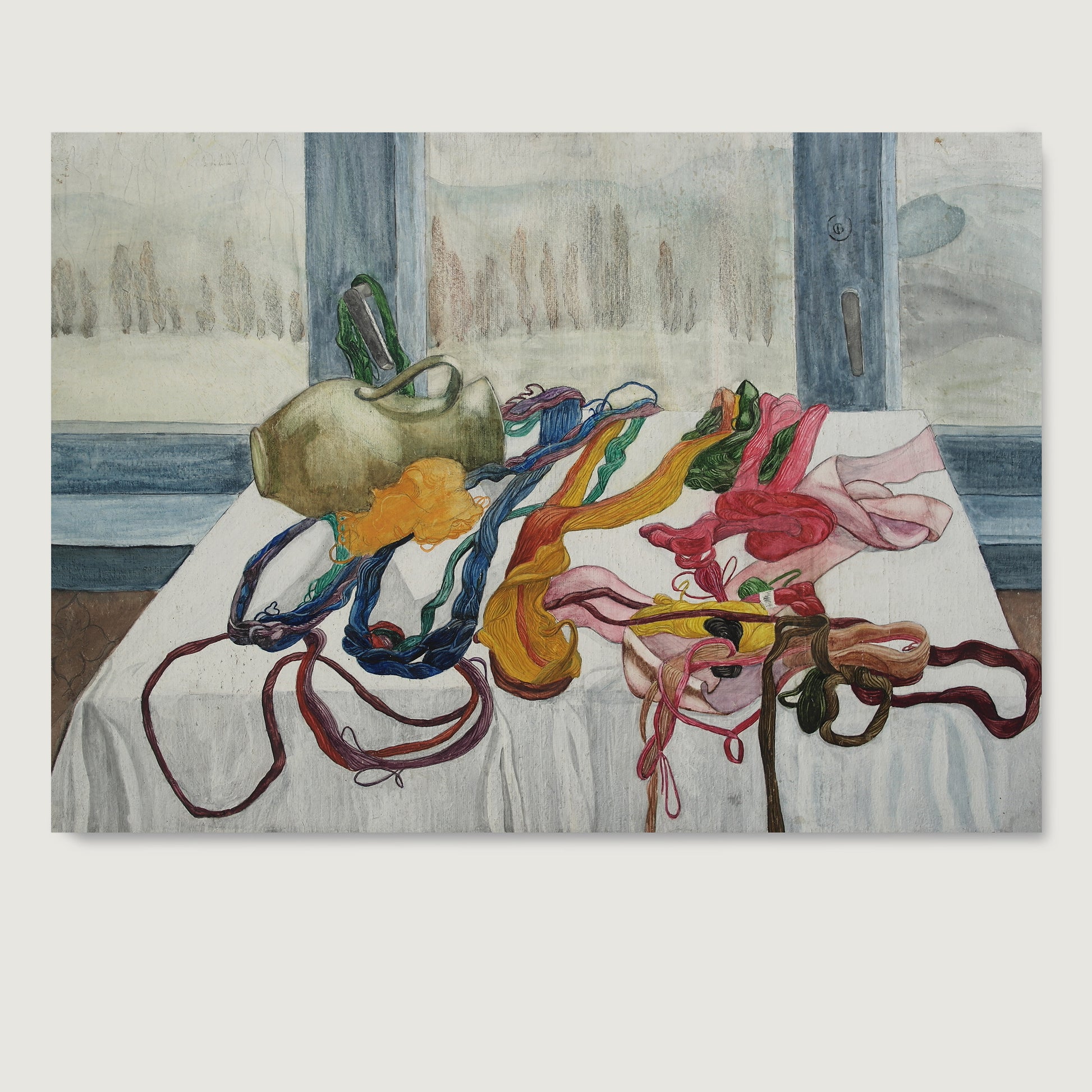 High quality limited edition figurative art print with colored threads arranged on a white table, with a window in the background and a winter landscape.