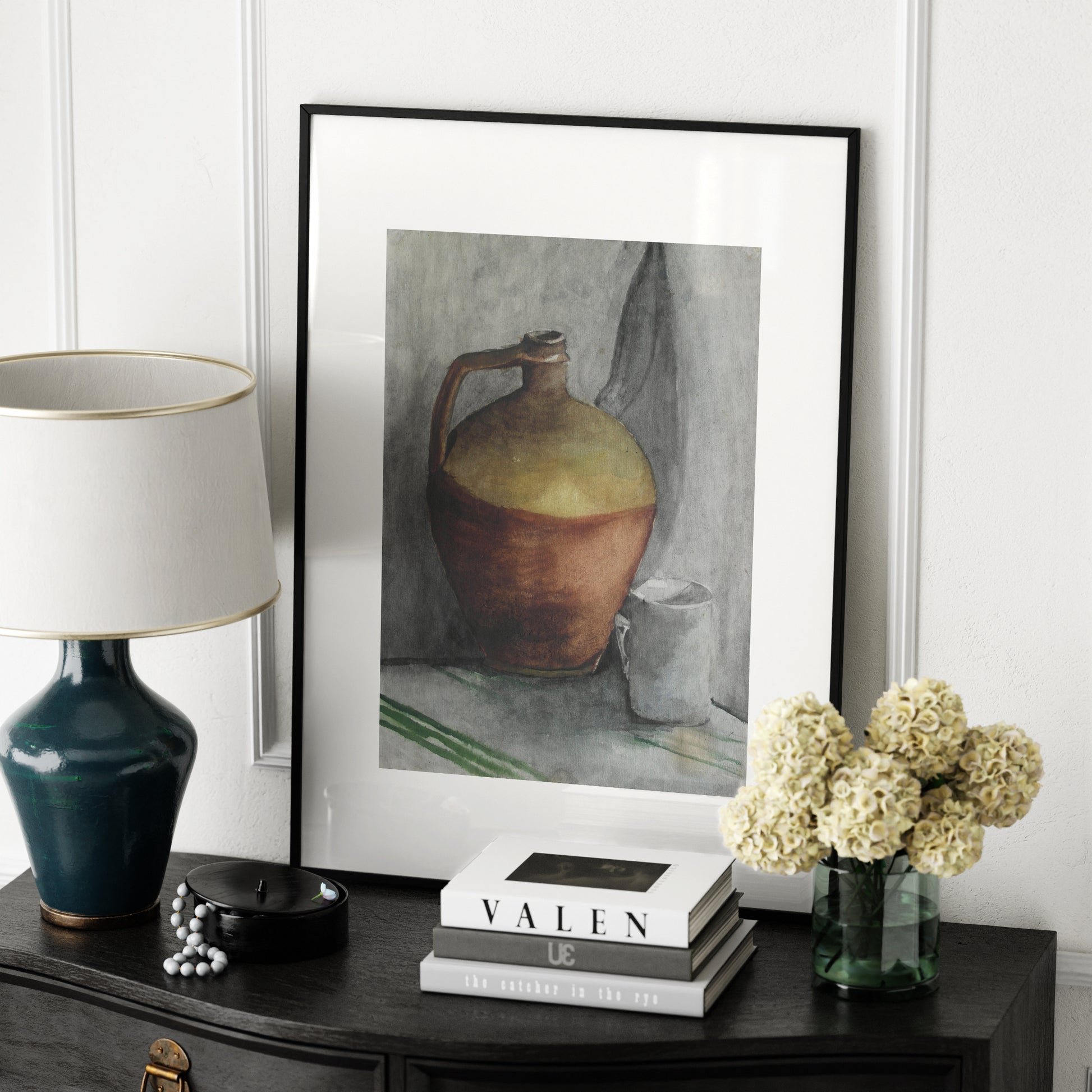 Naive watercolor still life study art print in an elegant ambient.