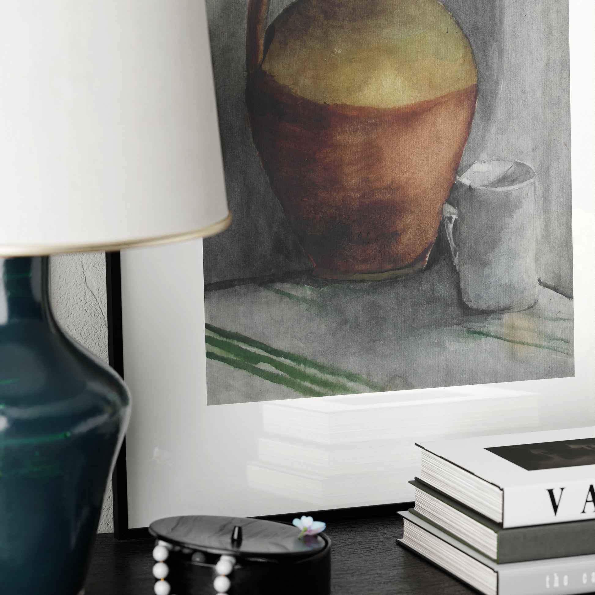 Detail of a naive watercolor still life study art print.