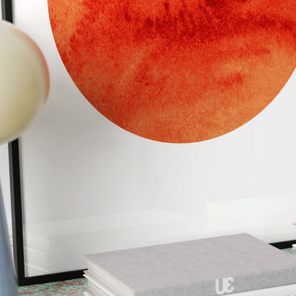 Detail of an intense red Sun, minimalist graphic art print.