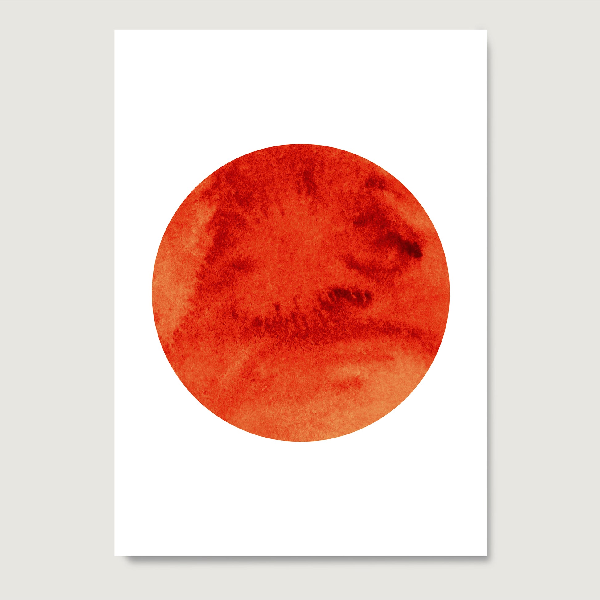 Intense red Sun, minimalist graphic art print on paper.