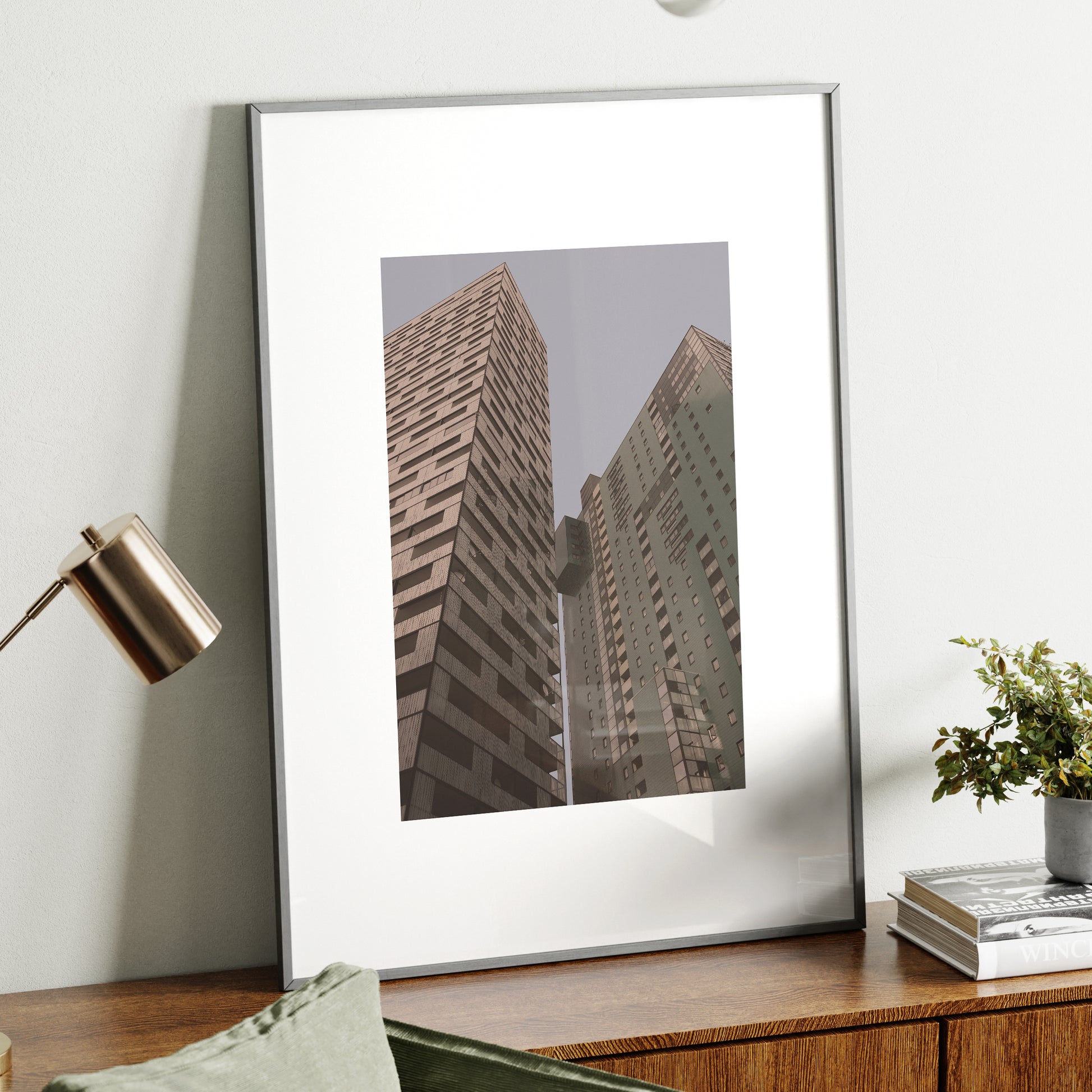 Contemporary architecture, Vienna urban photography art print on a wood sideboard.
