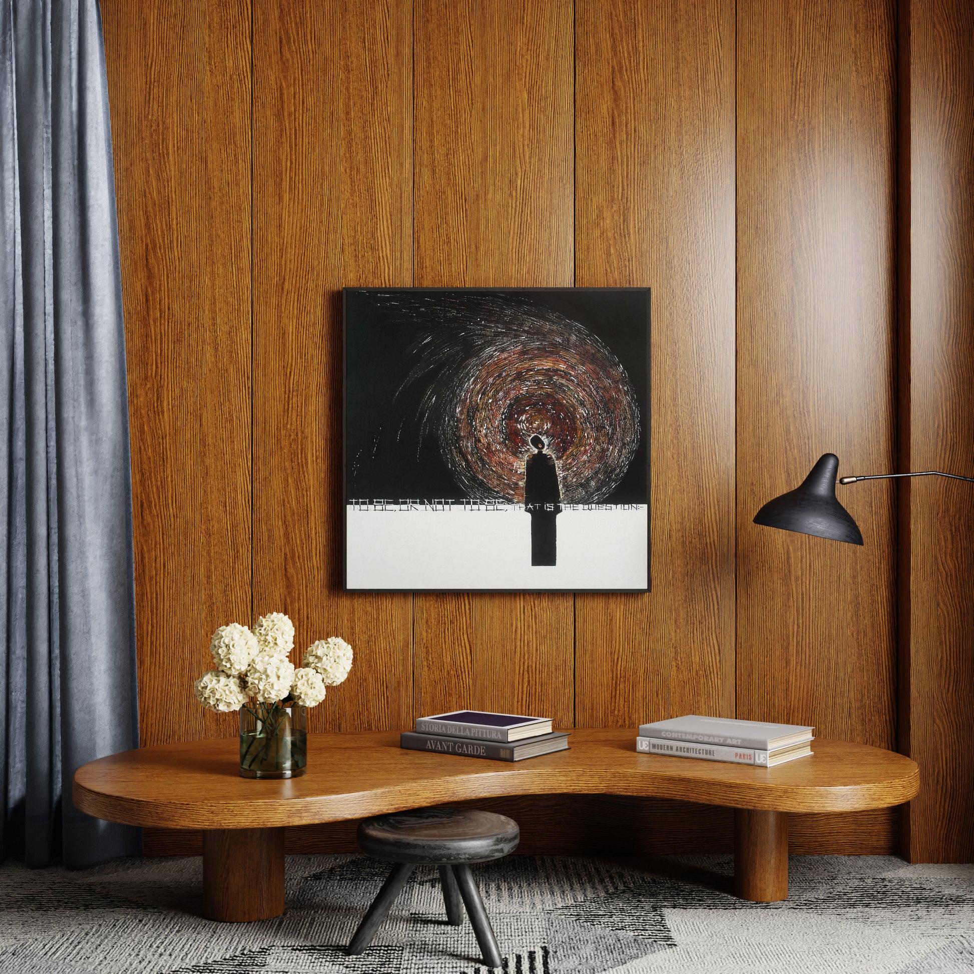 Abstract figurative contemporary painting in a mid-century modern interior.