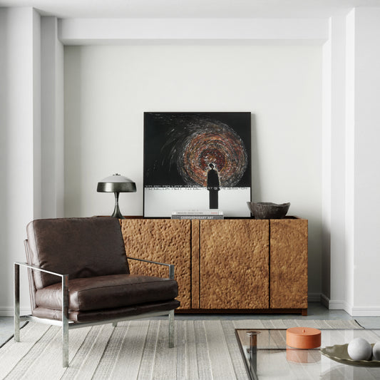 Abstract figurative contemporary painting in a bright, eclectic space.