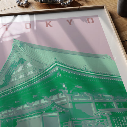 Detail of Travel poster Tokyo landmark, green and pink art print.