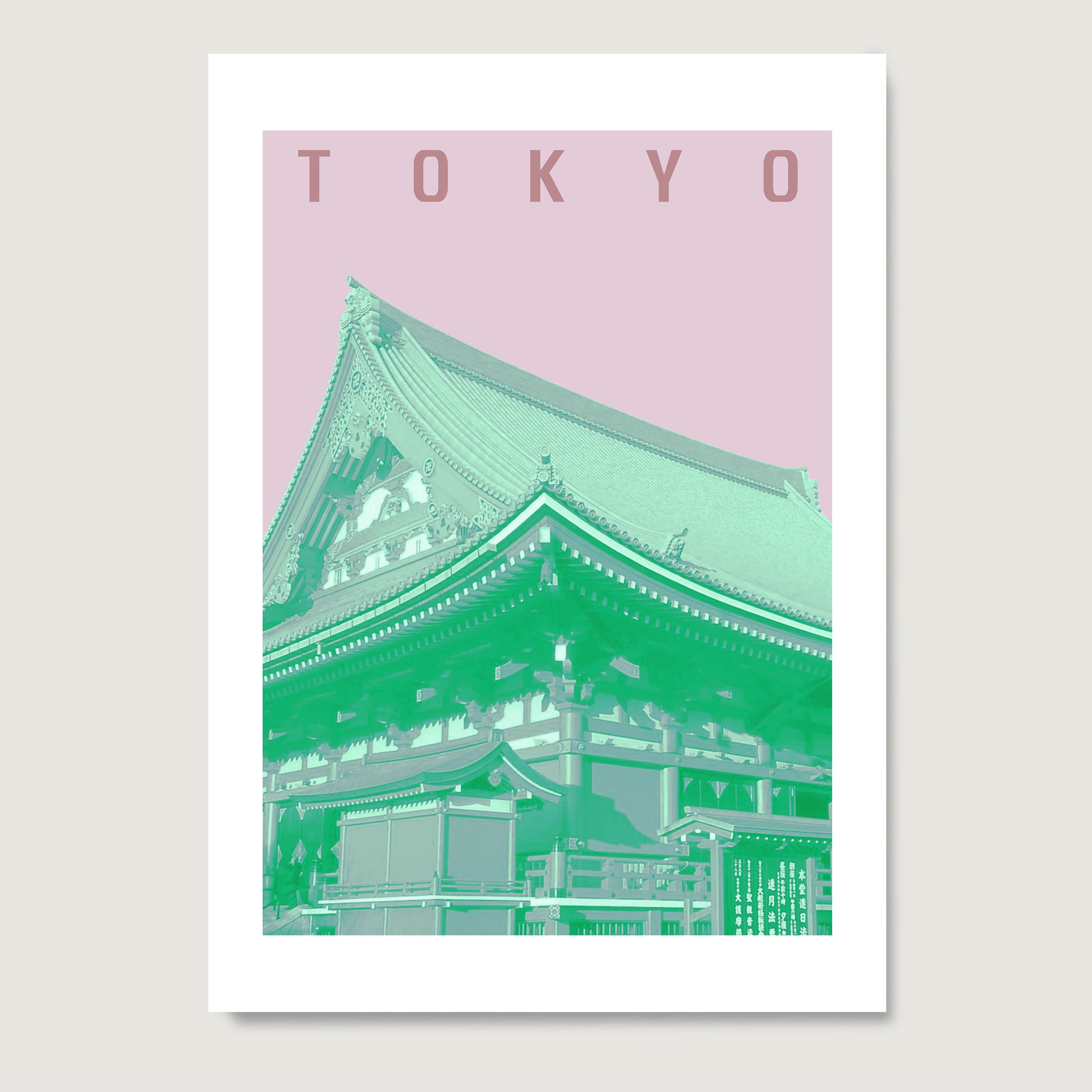 Travel poster Tokyo landmark, green and pink art print on paper.