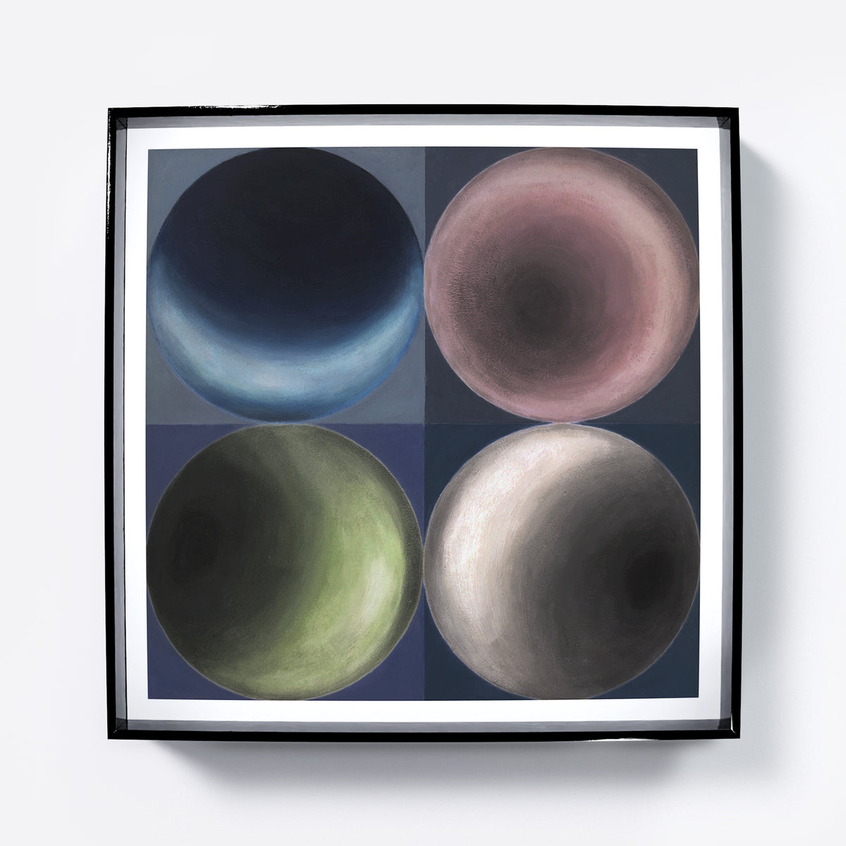Dark moody geometric art print with spheres.