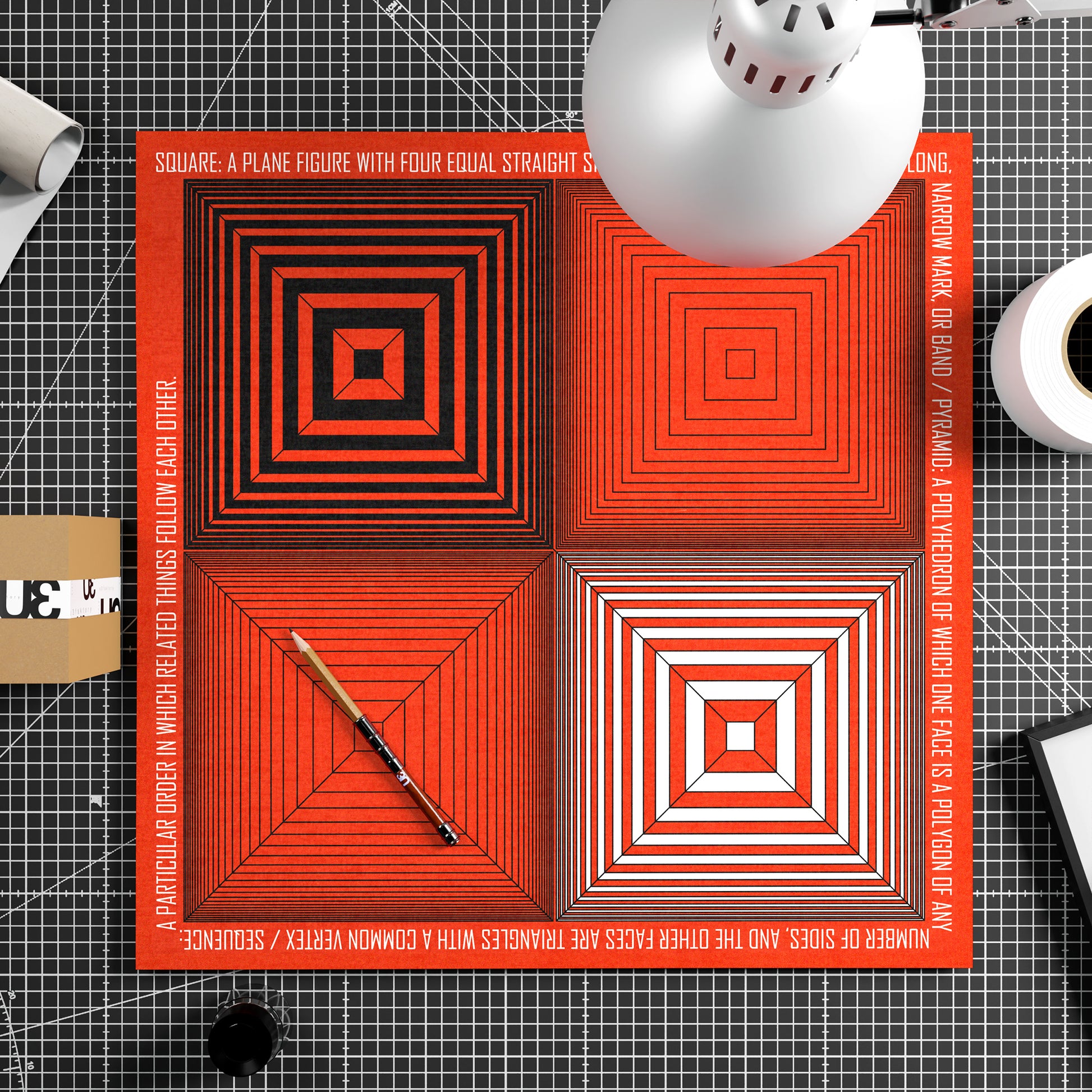 Geometric composition art print on paper, with red, white and black.