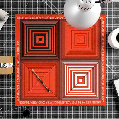 Geometric composition art print on paper, with red, white and black.