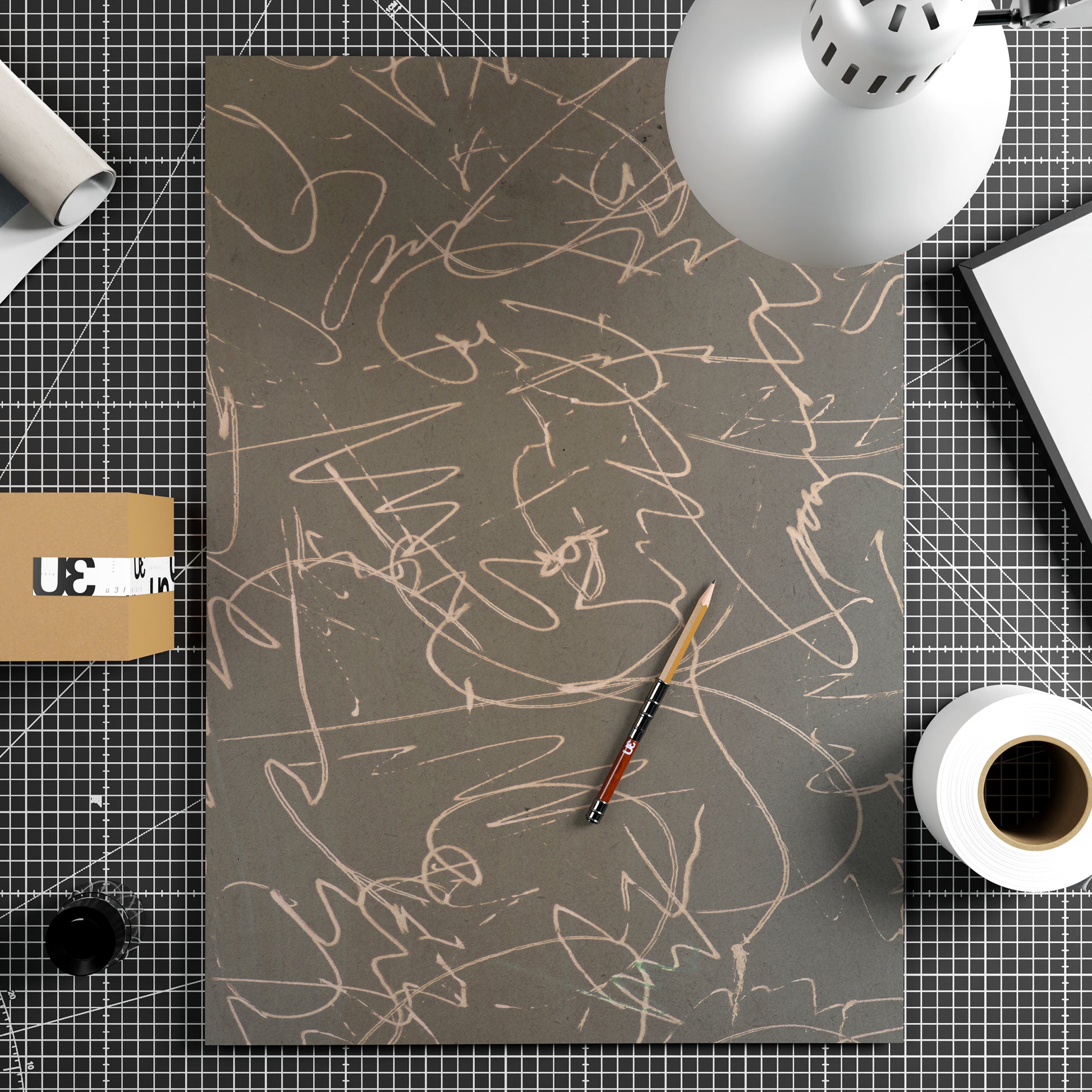 Monochrome abstract art print on paper.