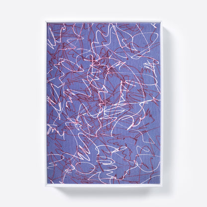 Purple abstract art print with white lines.