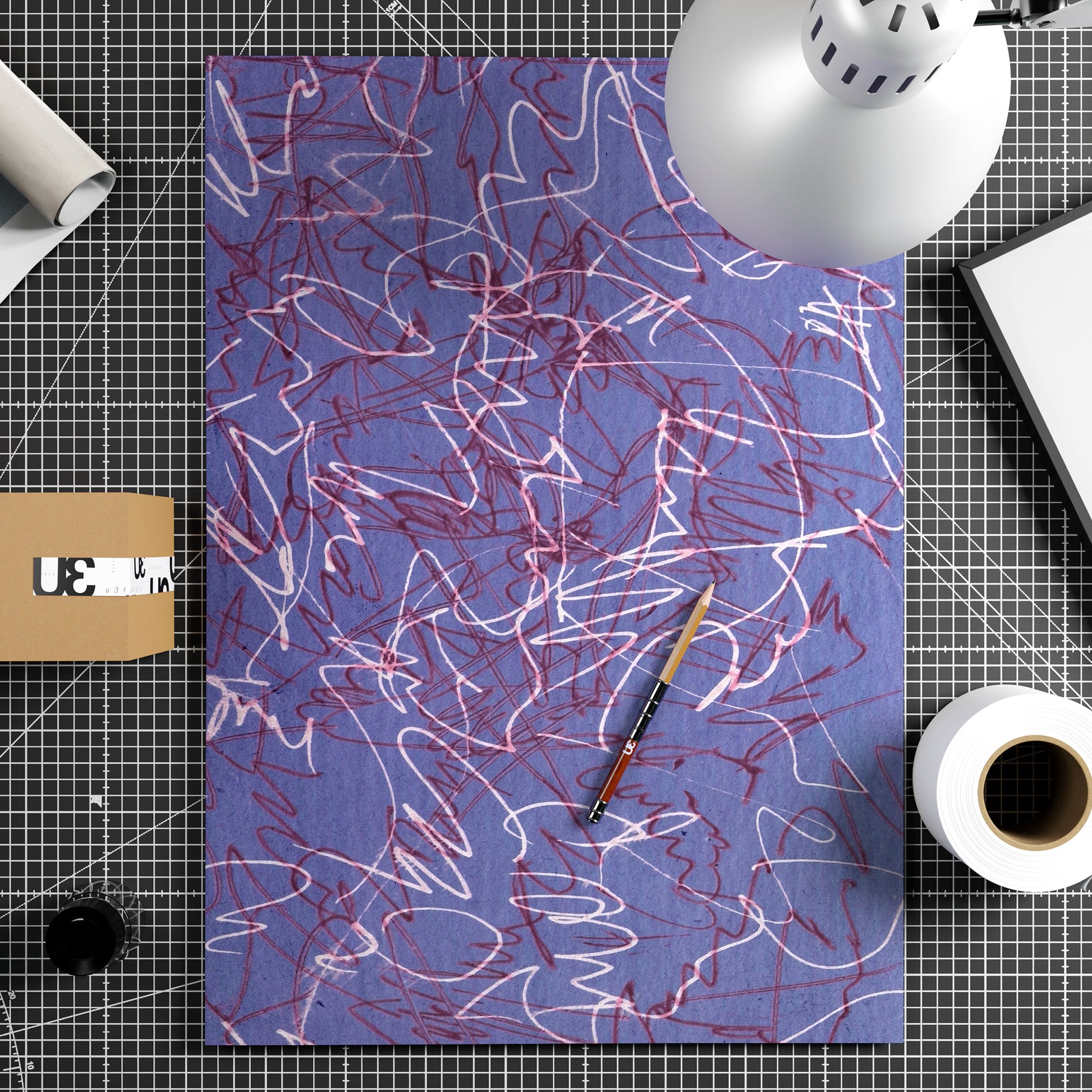 Purple abstract art print with white lines on paper.