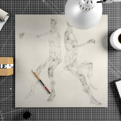 Monochrome anatomy art print on paper with two seated figures.