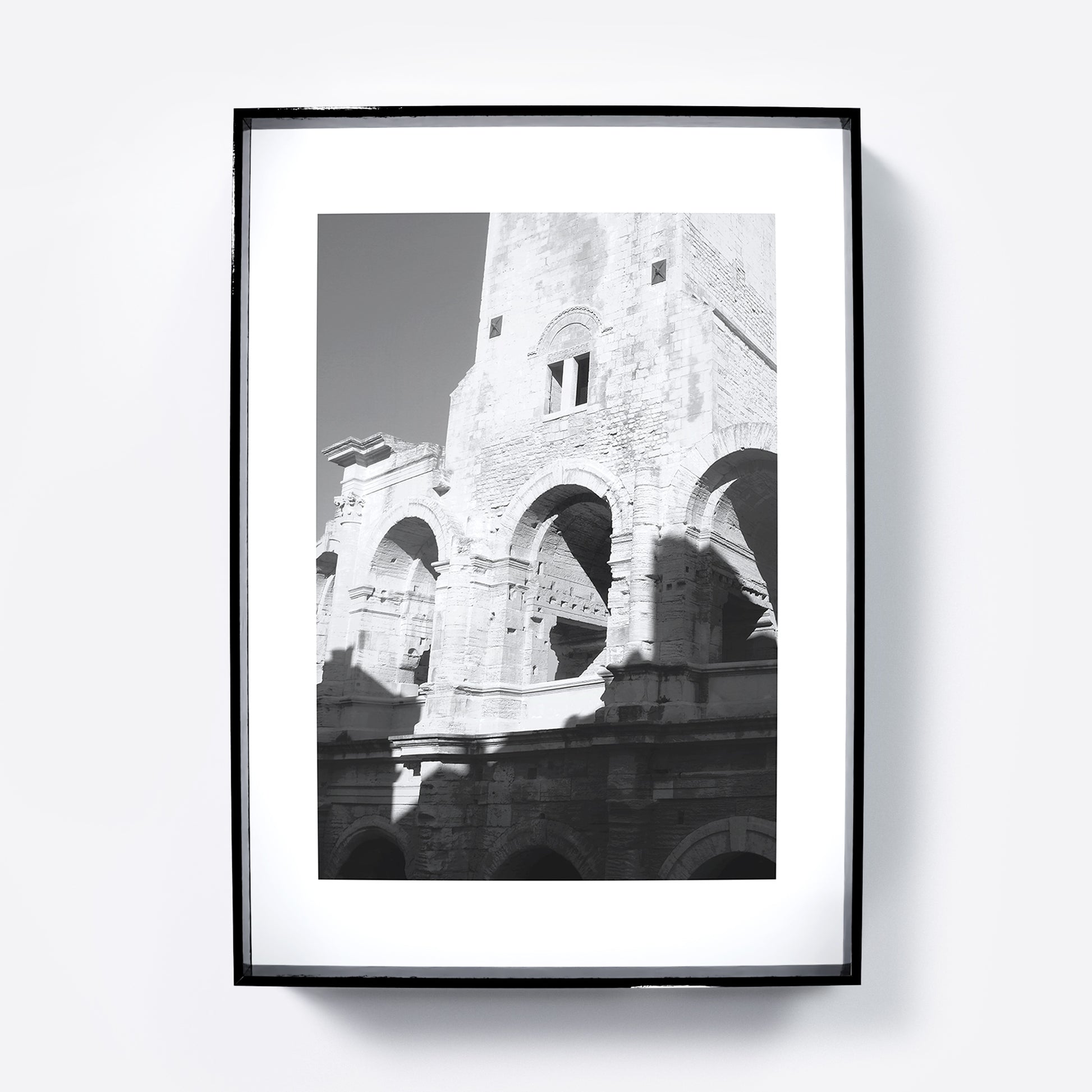 Black and white photography art print that depicts ancient architecture.
