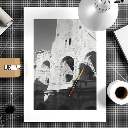 Black and white photography art print that depicts ancient architecture.