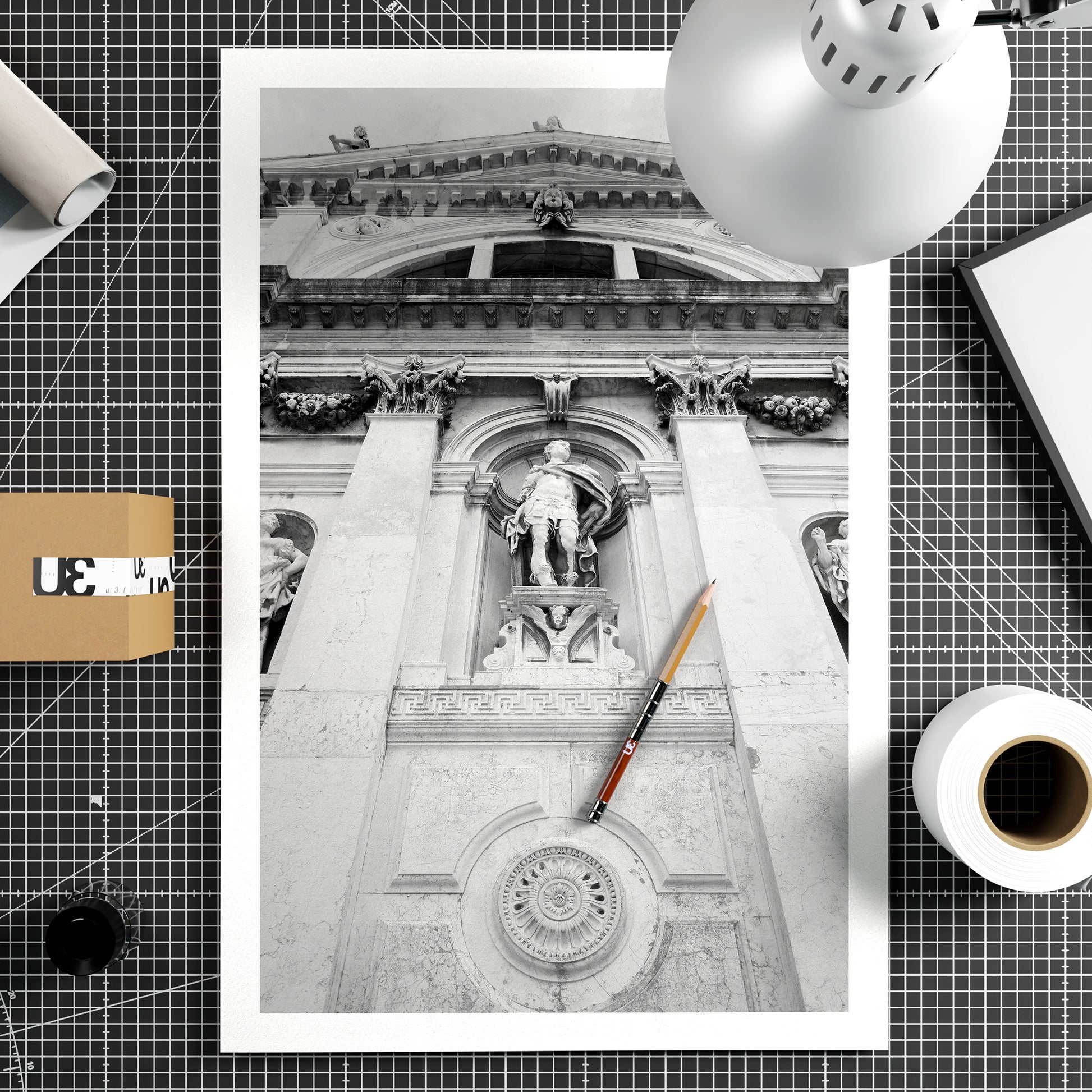 Black and white photography art print of a church facade in Venice.