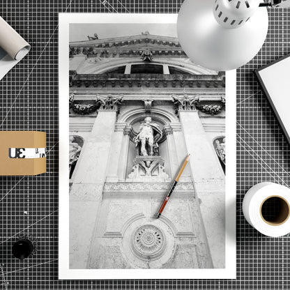 Black and white photography art print of a church facade in Venice.