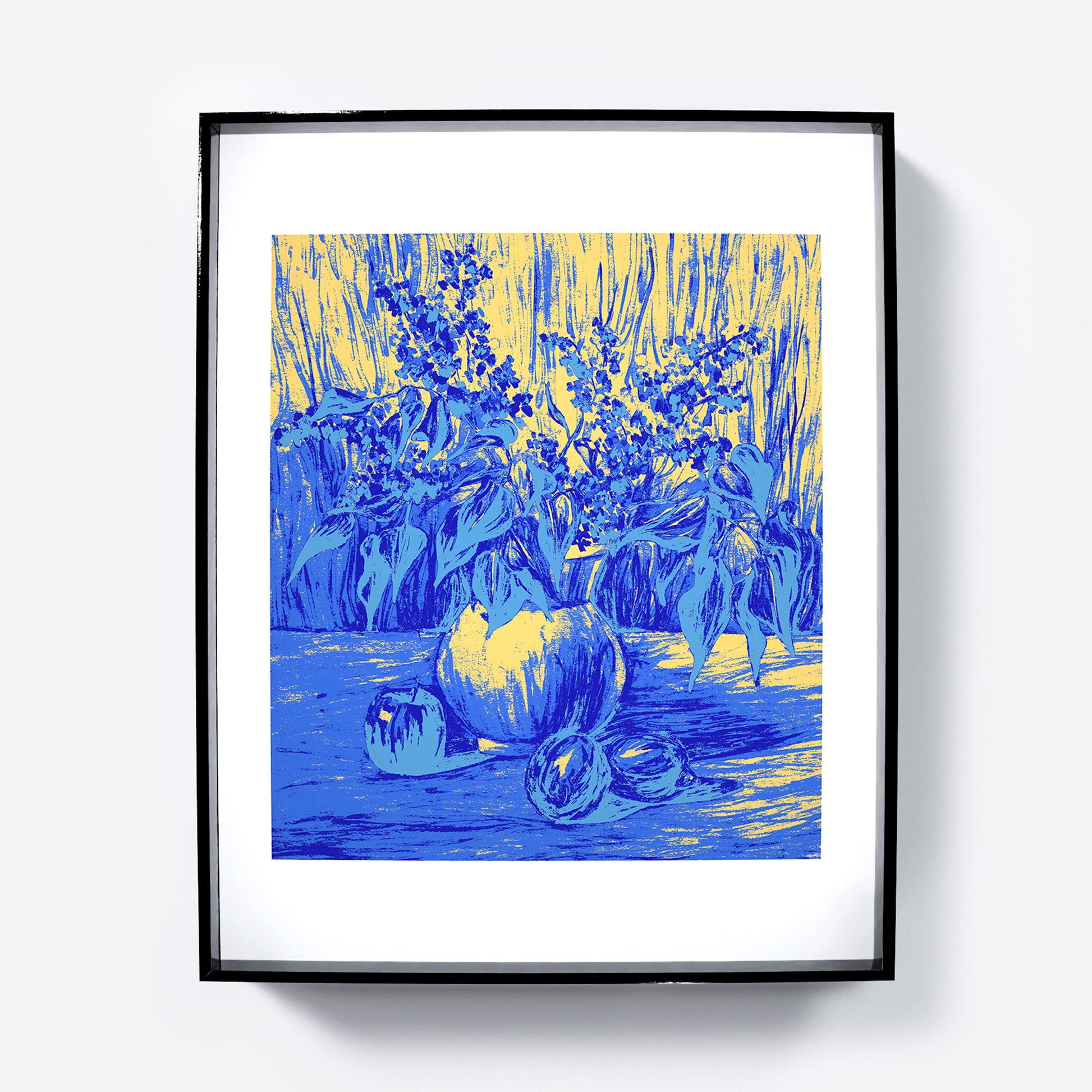 Still life with flowers with blue and yellow colors graphic art print.