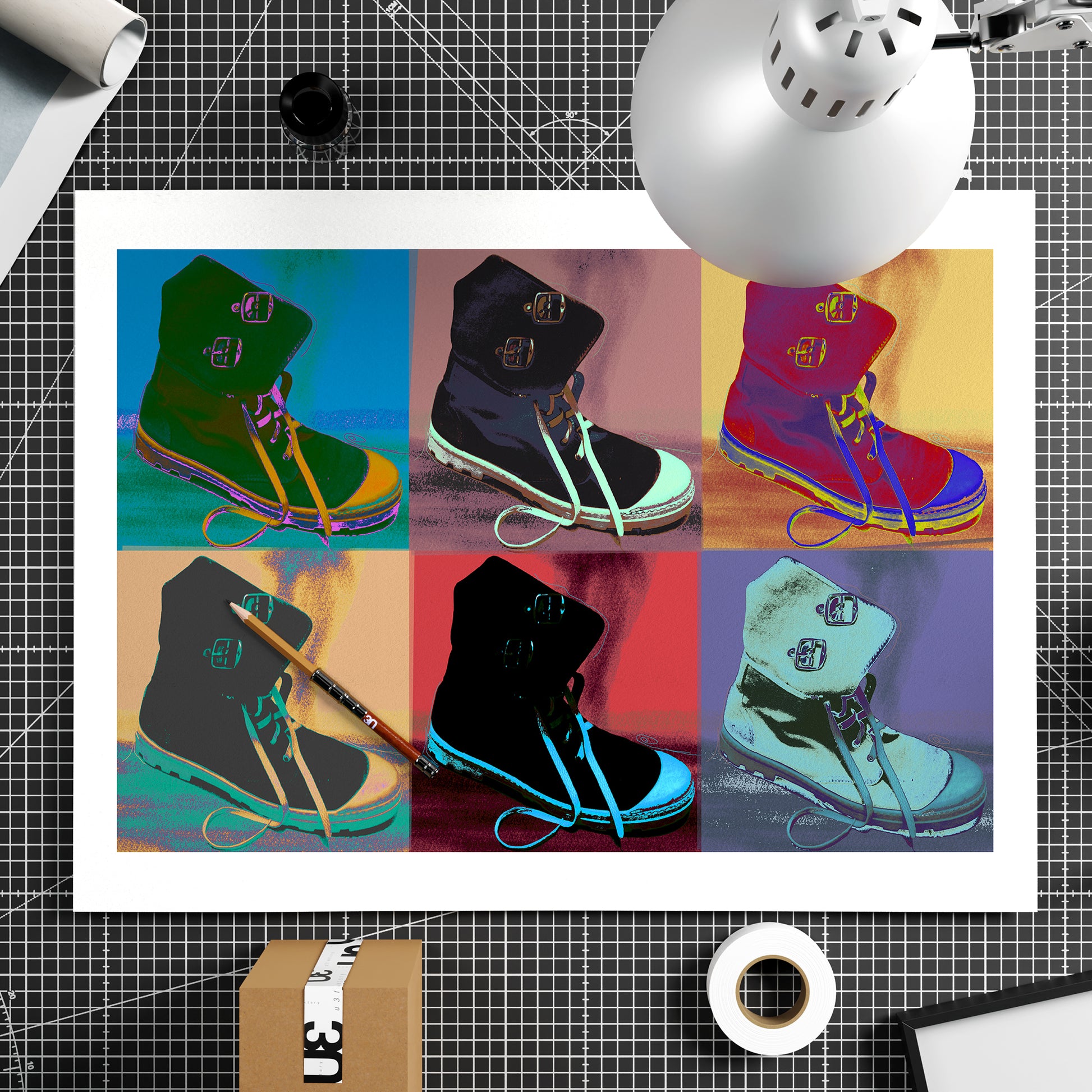 Colorful pop art art print with boots on paper.