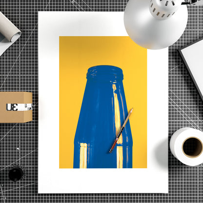 Minimalist graphic art print with blue and yellow on paper.