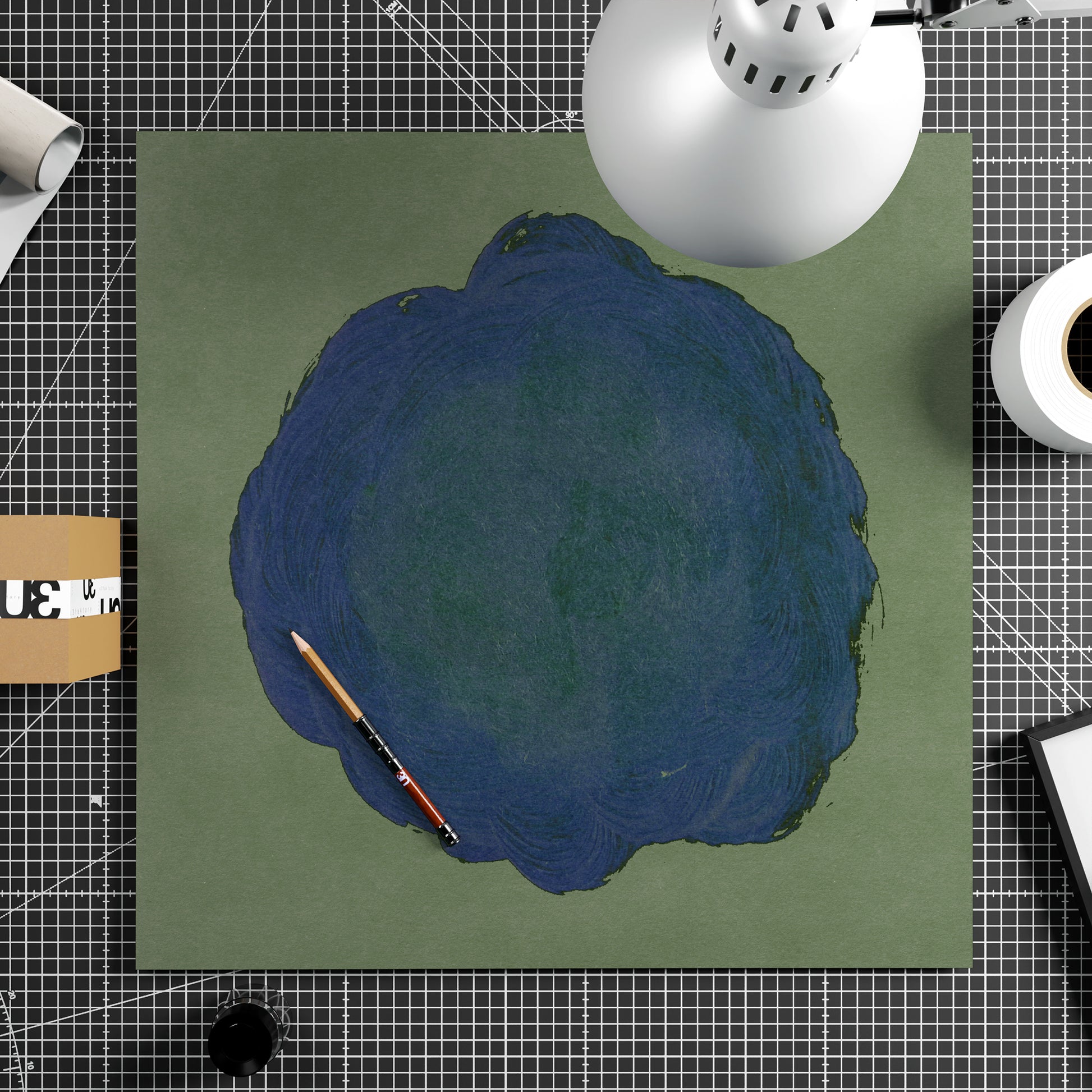 Blue on green abstract contemporary art print on paper.