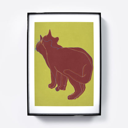 Line art high quality print with a cat on a yellow background.