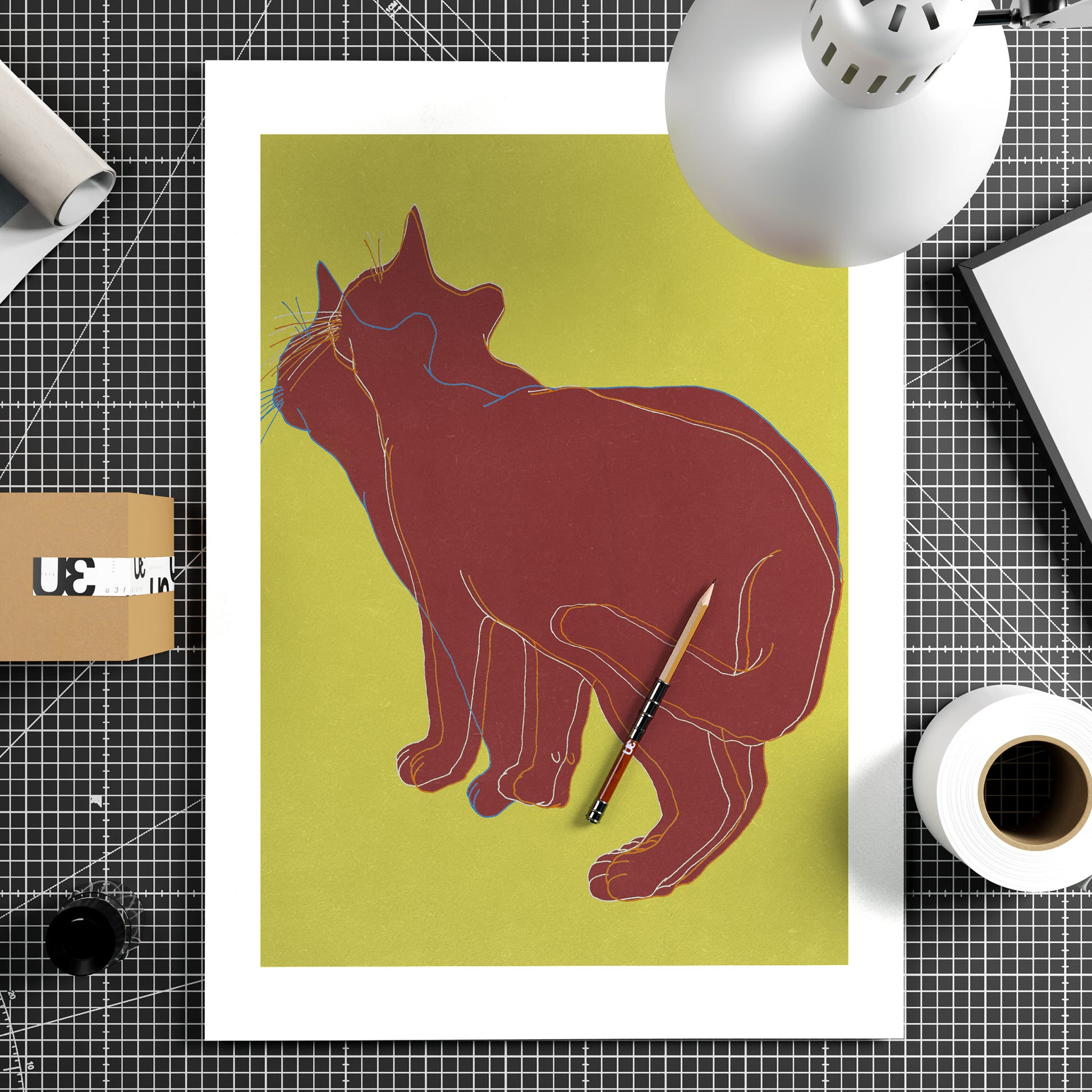 Color block art print with a red cat on a yellow background.