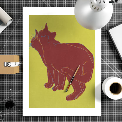 Color block art print with a red cat on a yellow background.
