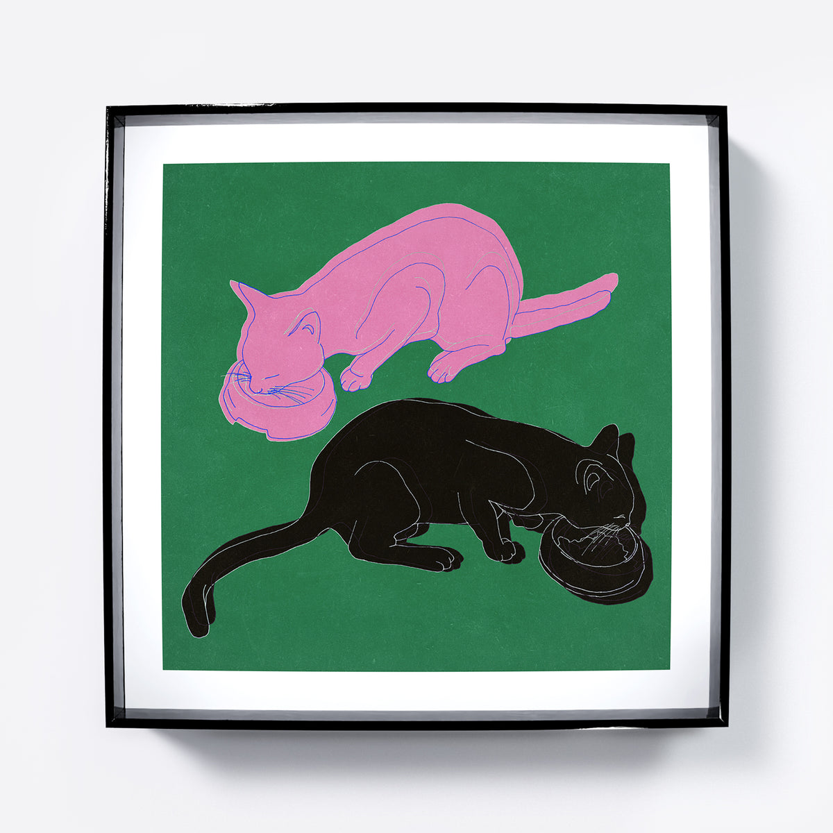 Art print with two cats eating on a green background.