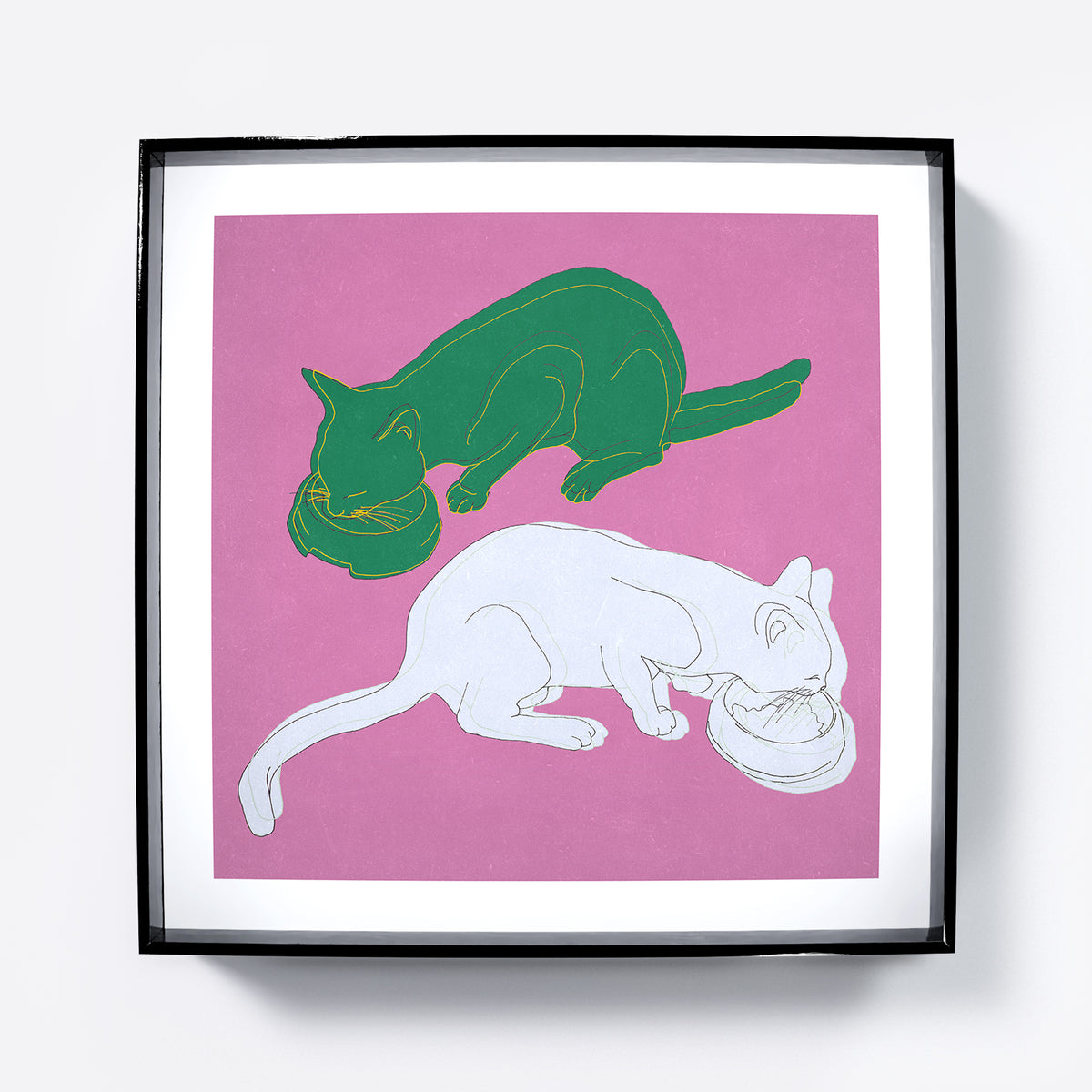 Art print with two cats on a pink background.
