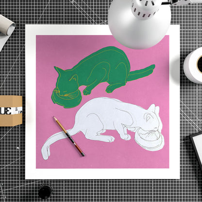 High quality art print with two cats eating on a pink background.