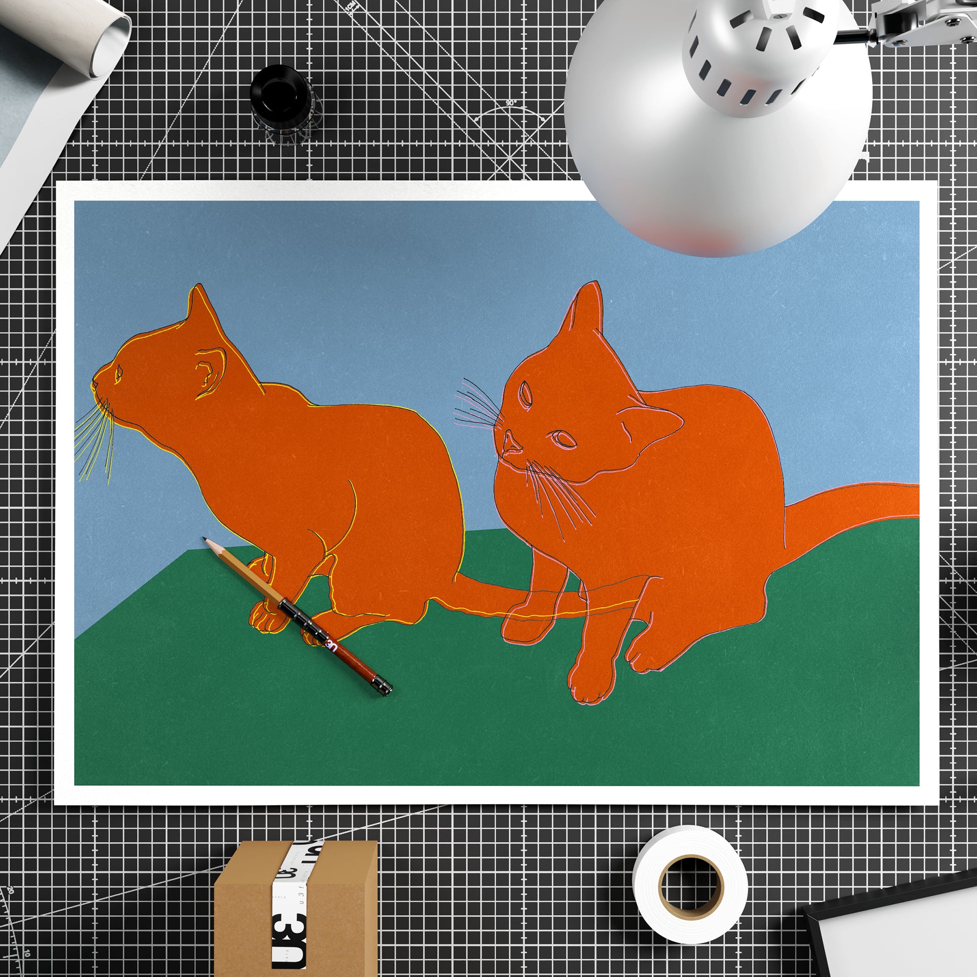 Illustration of two orange cats on a green hill with a blue sky, placed on a grid surface.