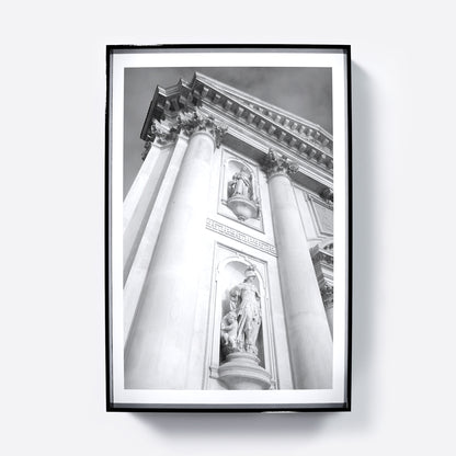 Architectural photography of a Venetian church, black and white art print.