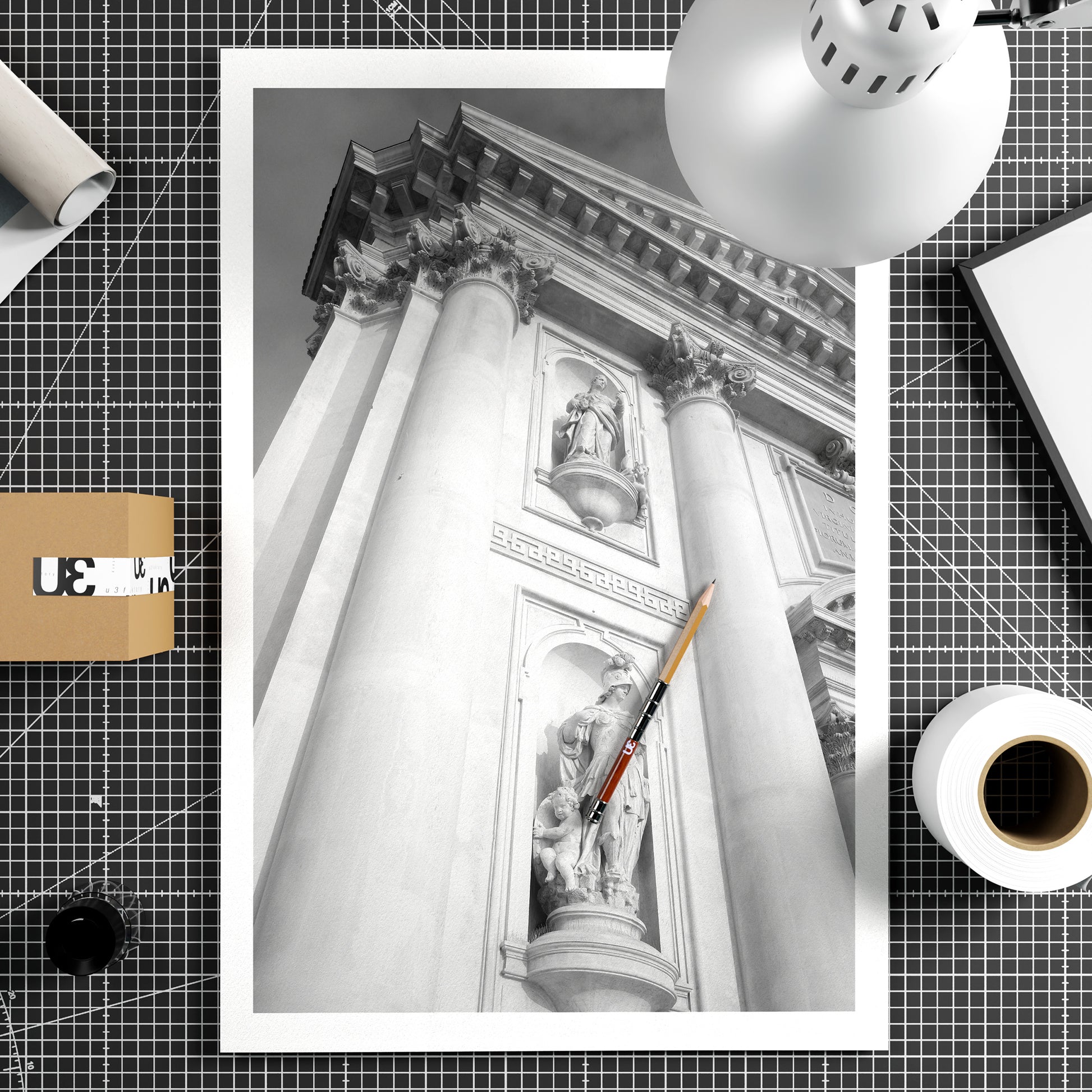 Architectural photography of a Venetian church, black and white art print on paper.