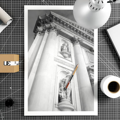 Architectural photography of a Venetian church, black and white art print on paper.