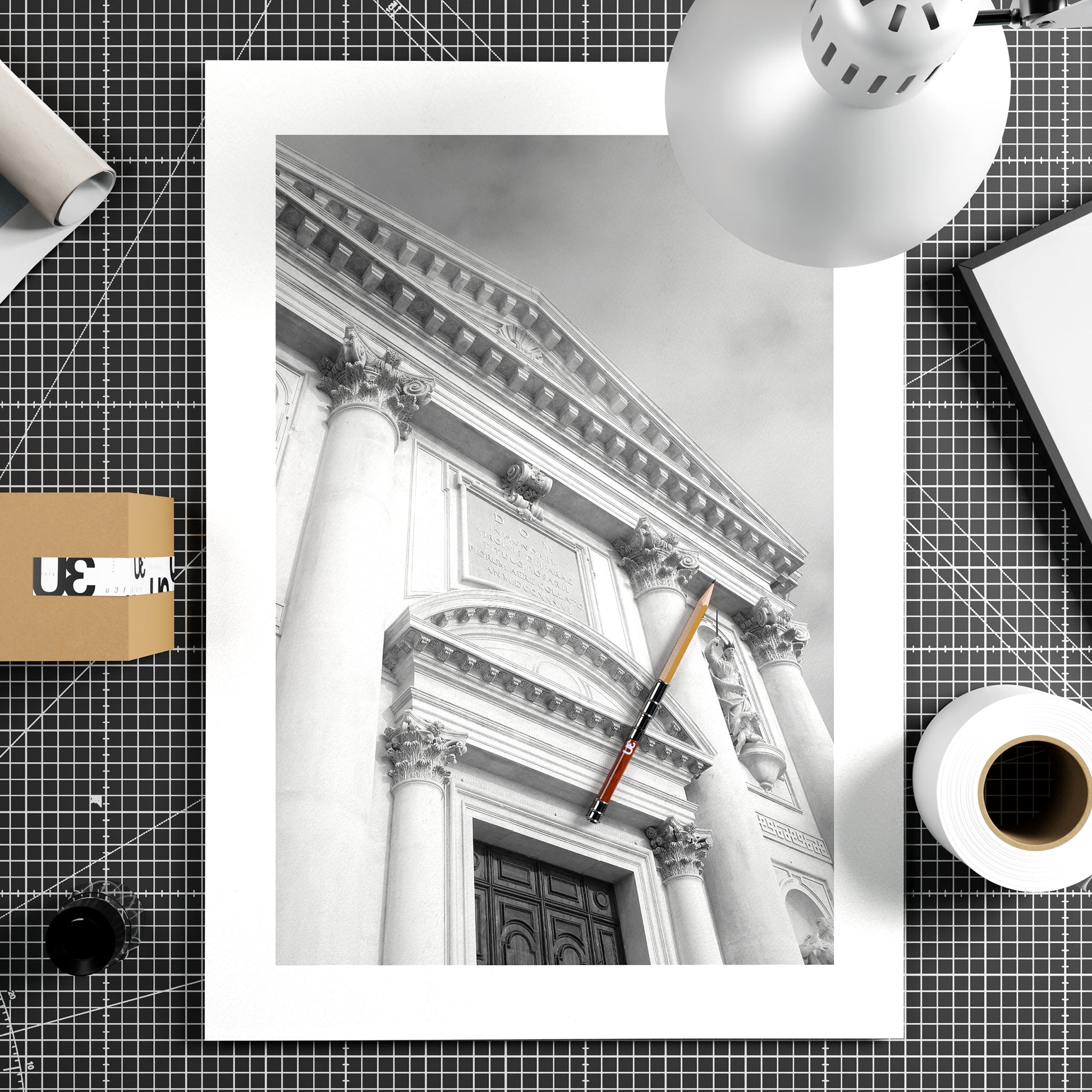 Classic facade of a Venetian church, black and white architectural photography art print on paper.
