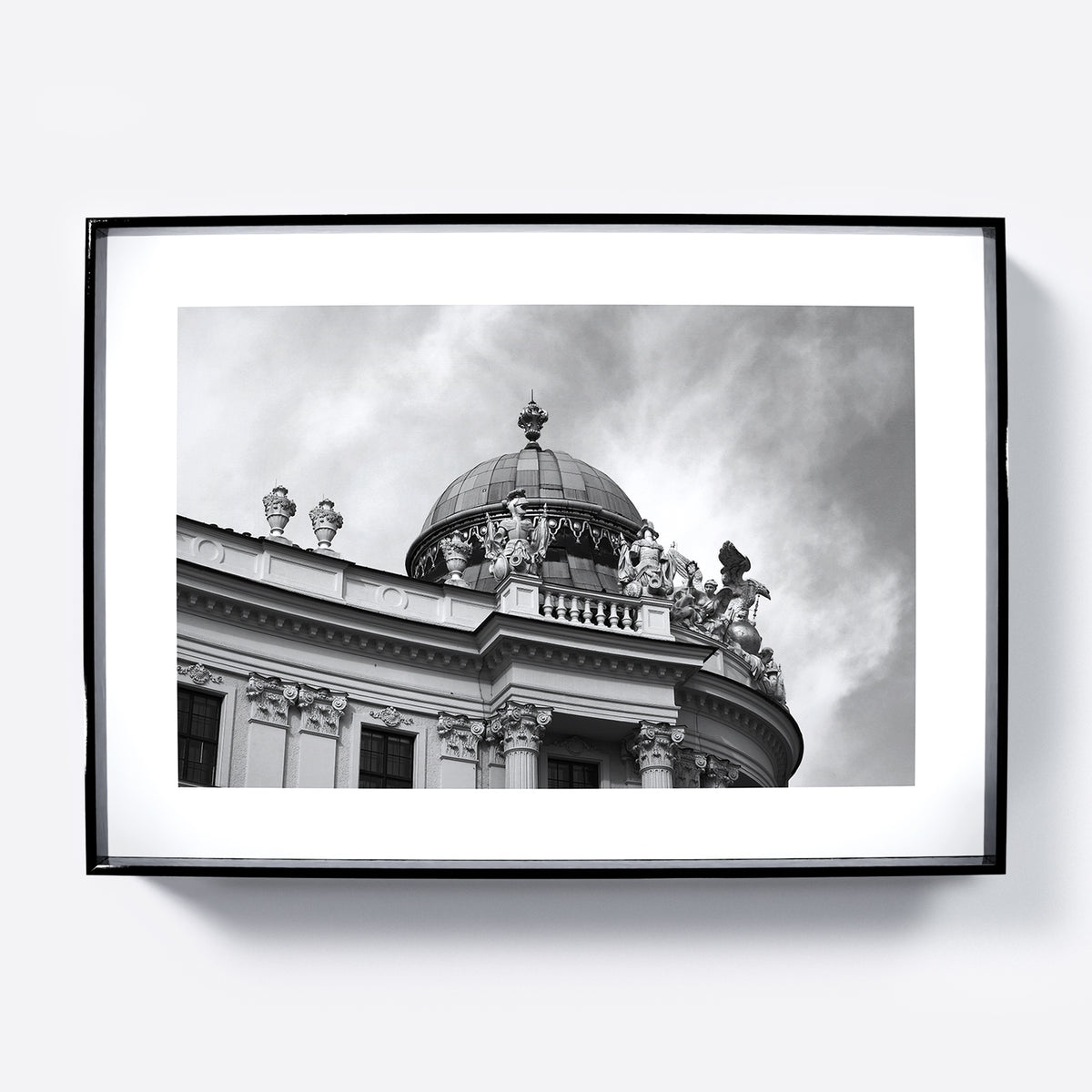 Classic Vienna architectural corner, black and white photography art print.